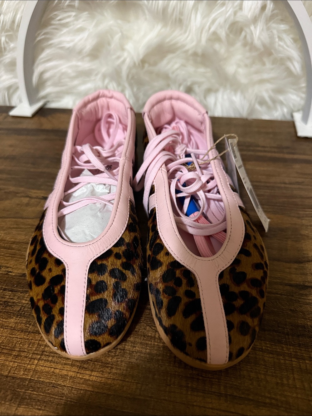 adidas Leopard Print Ballet-Inspired Lace-Up Flats with Pink Trim